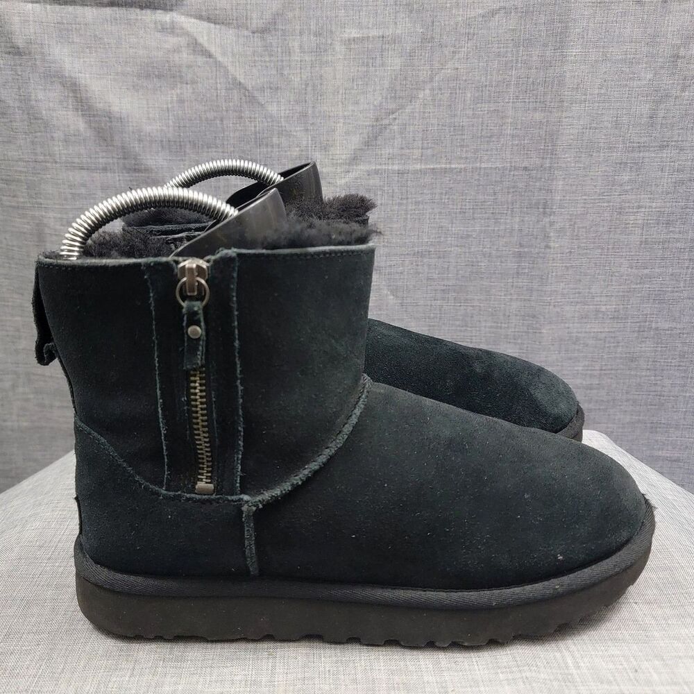 UGG Black Classic Mini Double Zip Suede/ Sheepskin Boots - Women's SZ 8